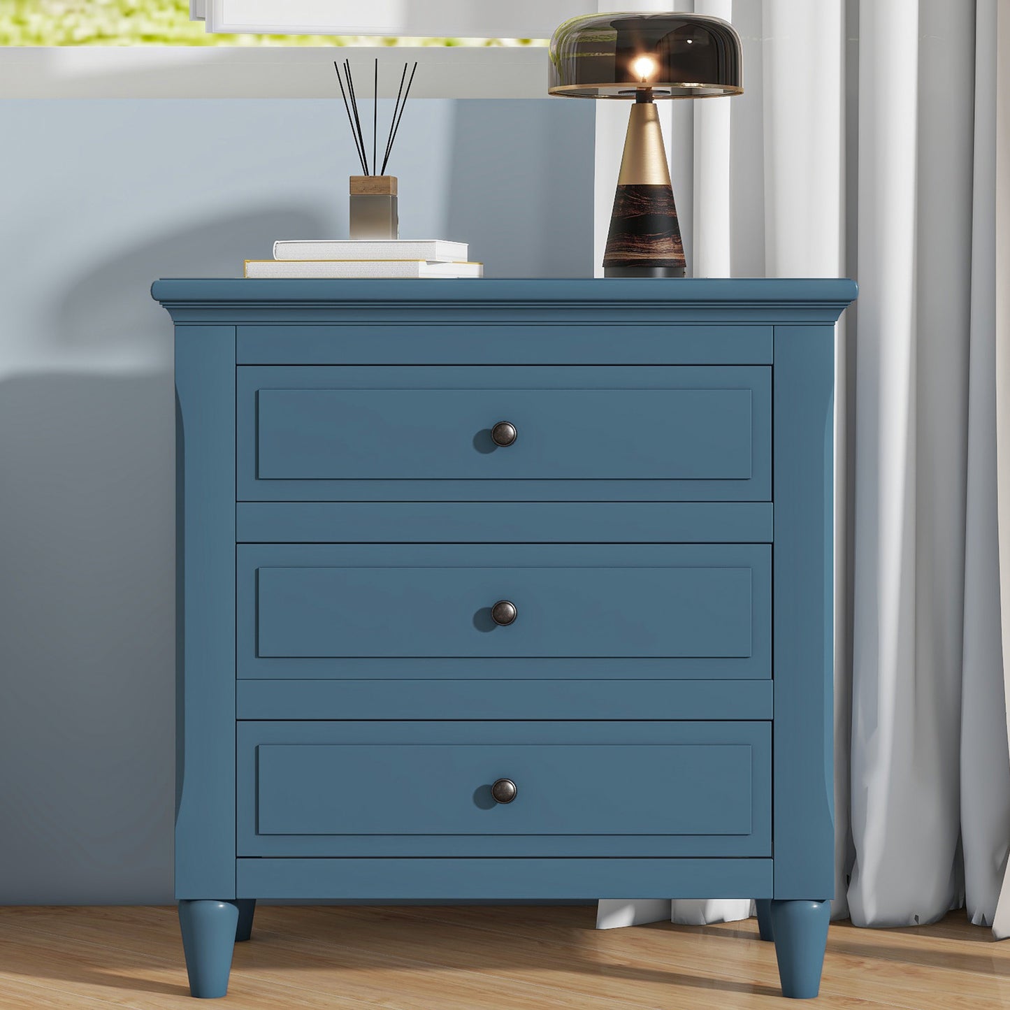 Modern 3-Drawer Nightstand with Rubber Wood Legs