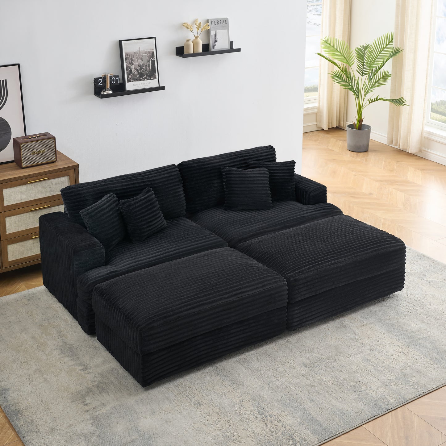 Corduroy 3-Seat Modular Sofa with Storage Ottomans and Pillows