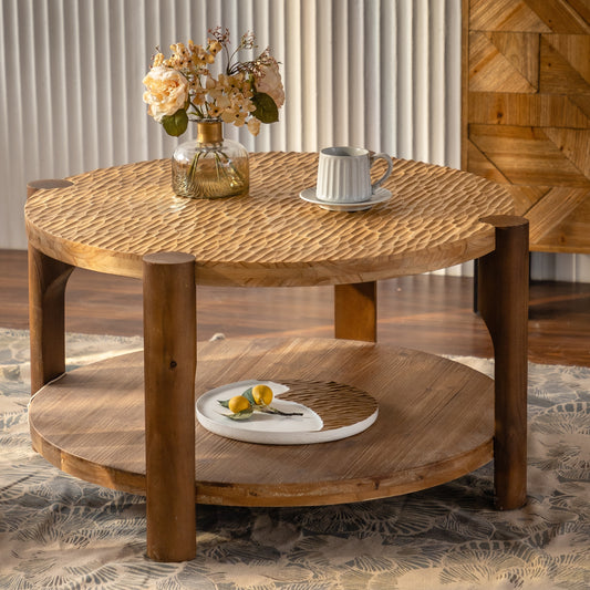 Modern Solid Wood Round Coffee Table with 2-Tier Storage