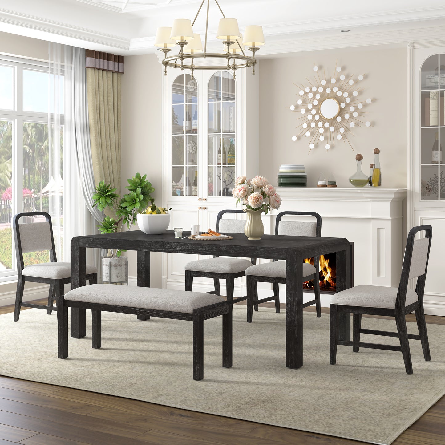 Retro Expandable Dining Table Set with Bench and Chairs