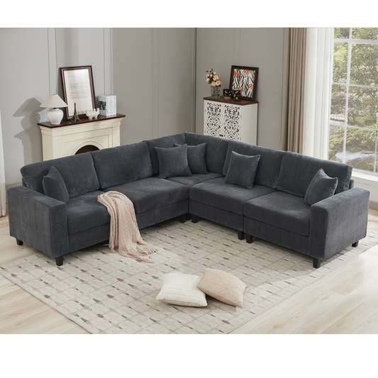 Modern 5-Seat Corduroy Modular Sofa with Throw Pillows
