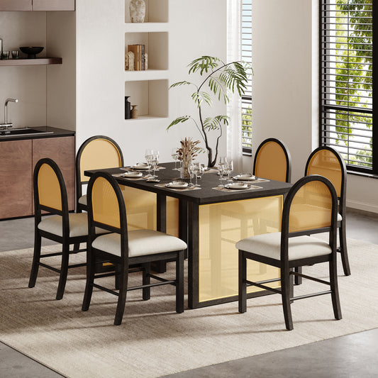 Modern Farmhouse 7-Piece Dining Table Set with Rattan Chairs