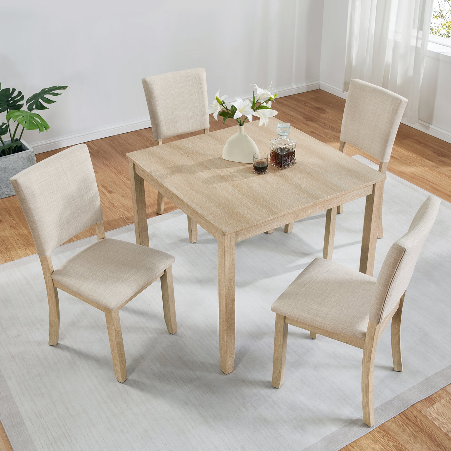 5-Piece Square Wooden Dining Set with Upholstered Chairs