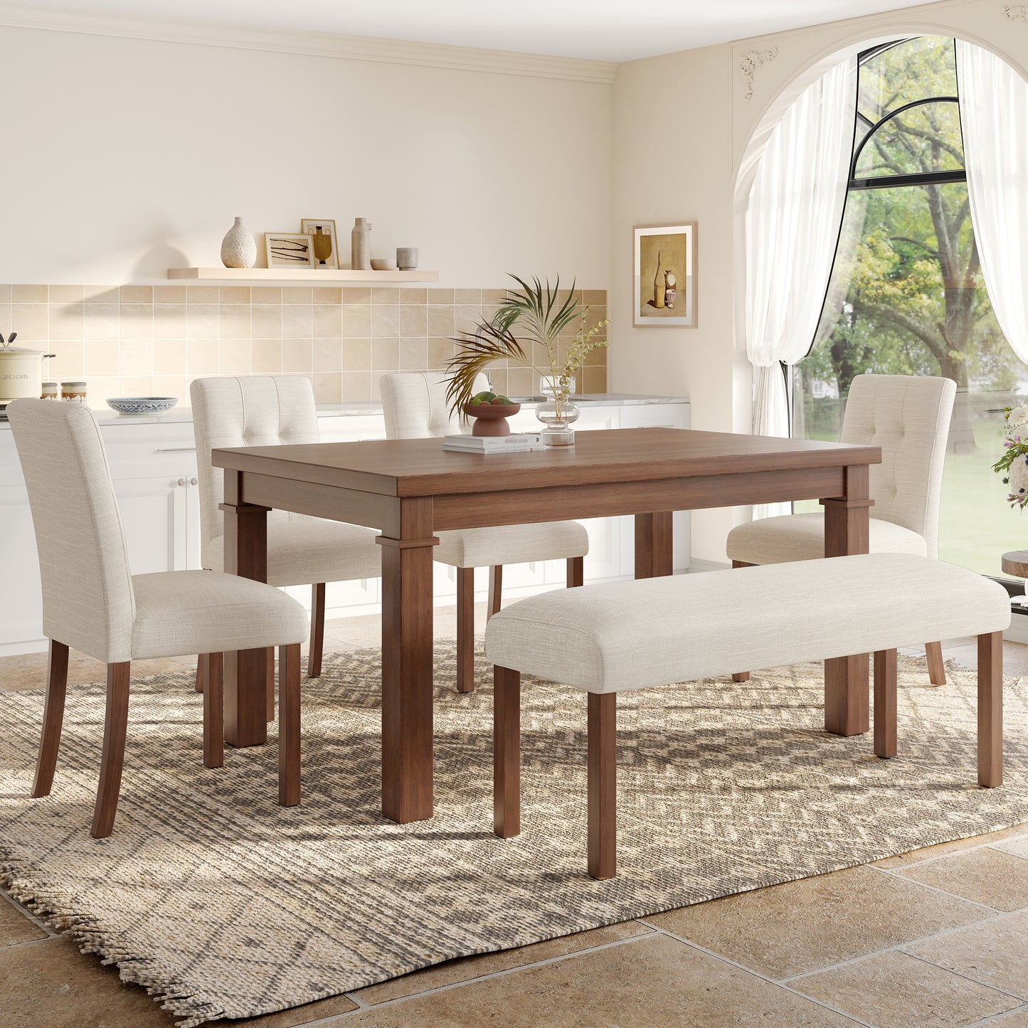 6-Piece Dining Set with Upholstered Chairs and Bench