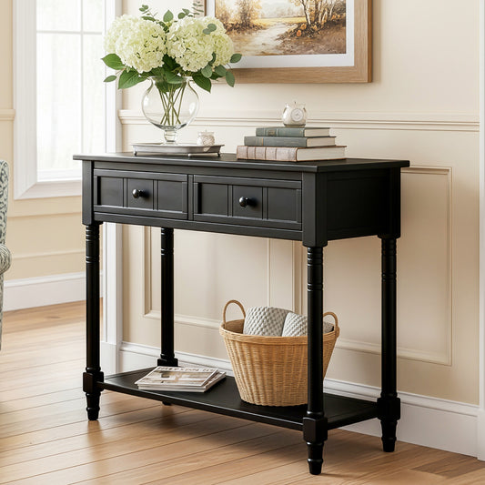 Rustic Solid Wood Console Table with Drawers and Lower Shelf