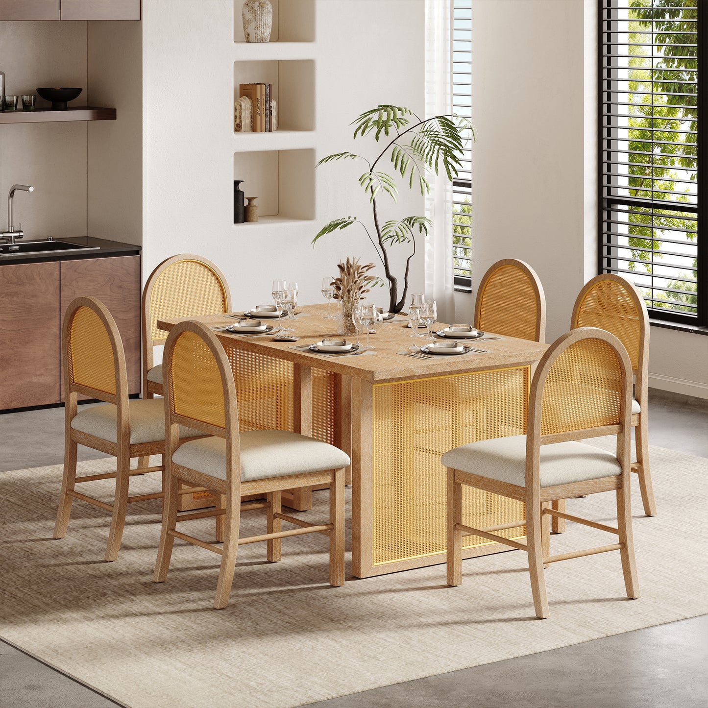 Modern Farmhouse 7-Piece Dining Table Set with Rattan Chairs