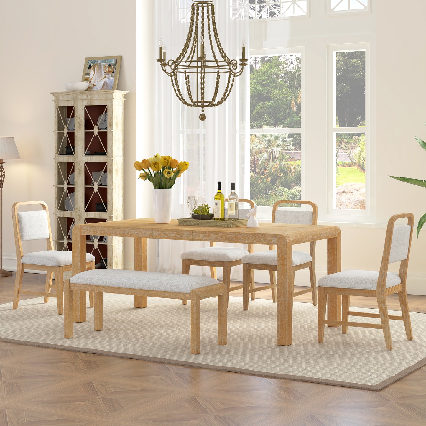 Retro Expandable Dining Table Set with Bench and Chairs