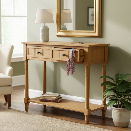 Rustic Solid Wood Console Table with Drawers and Lower Shelf
