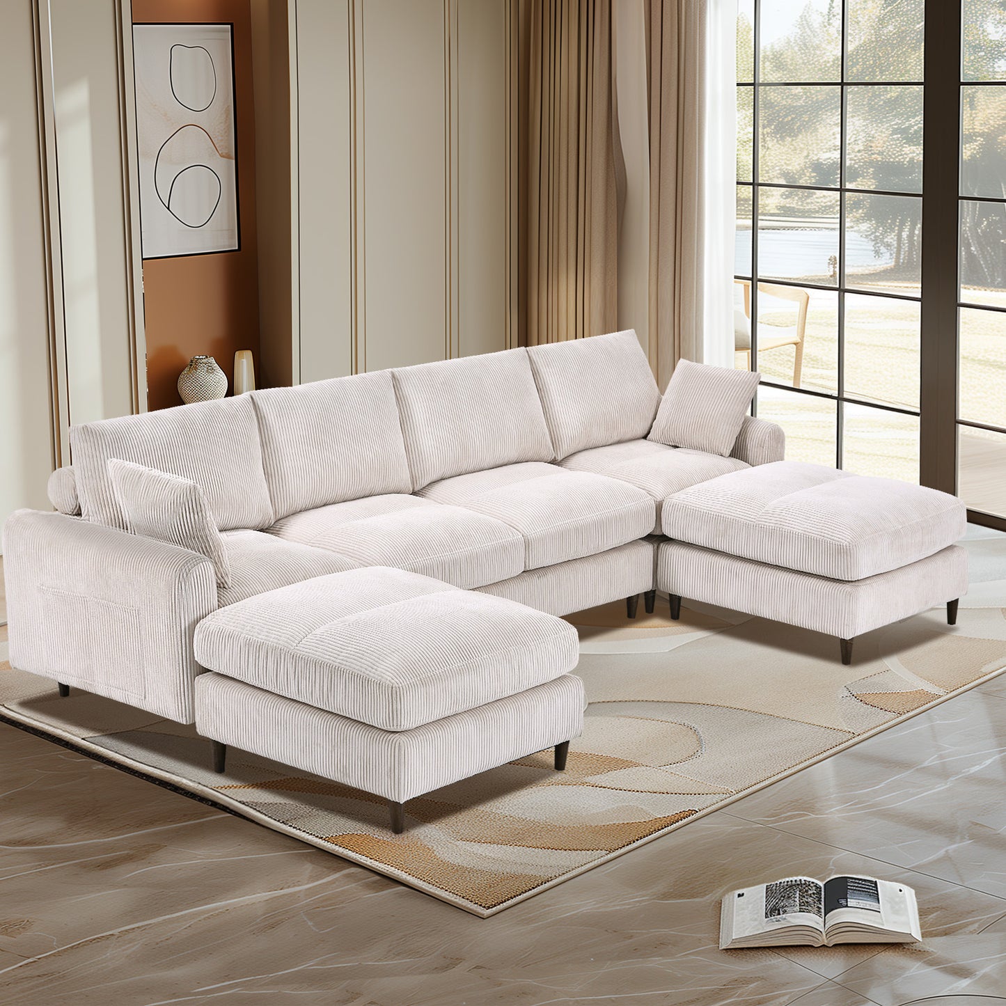 Mid-Century Modern Modular Sectional Sofa with Storage Pockets