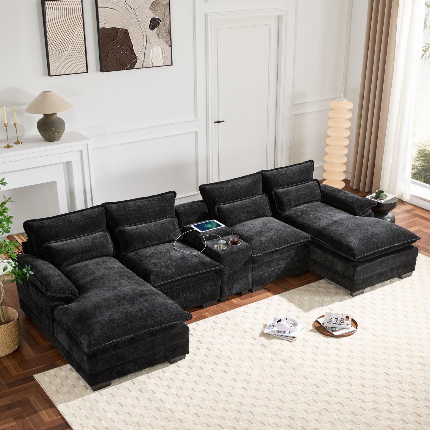 Modern Chenille U-Shaped Sectional Sofa with Double Chaise & Console