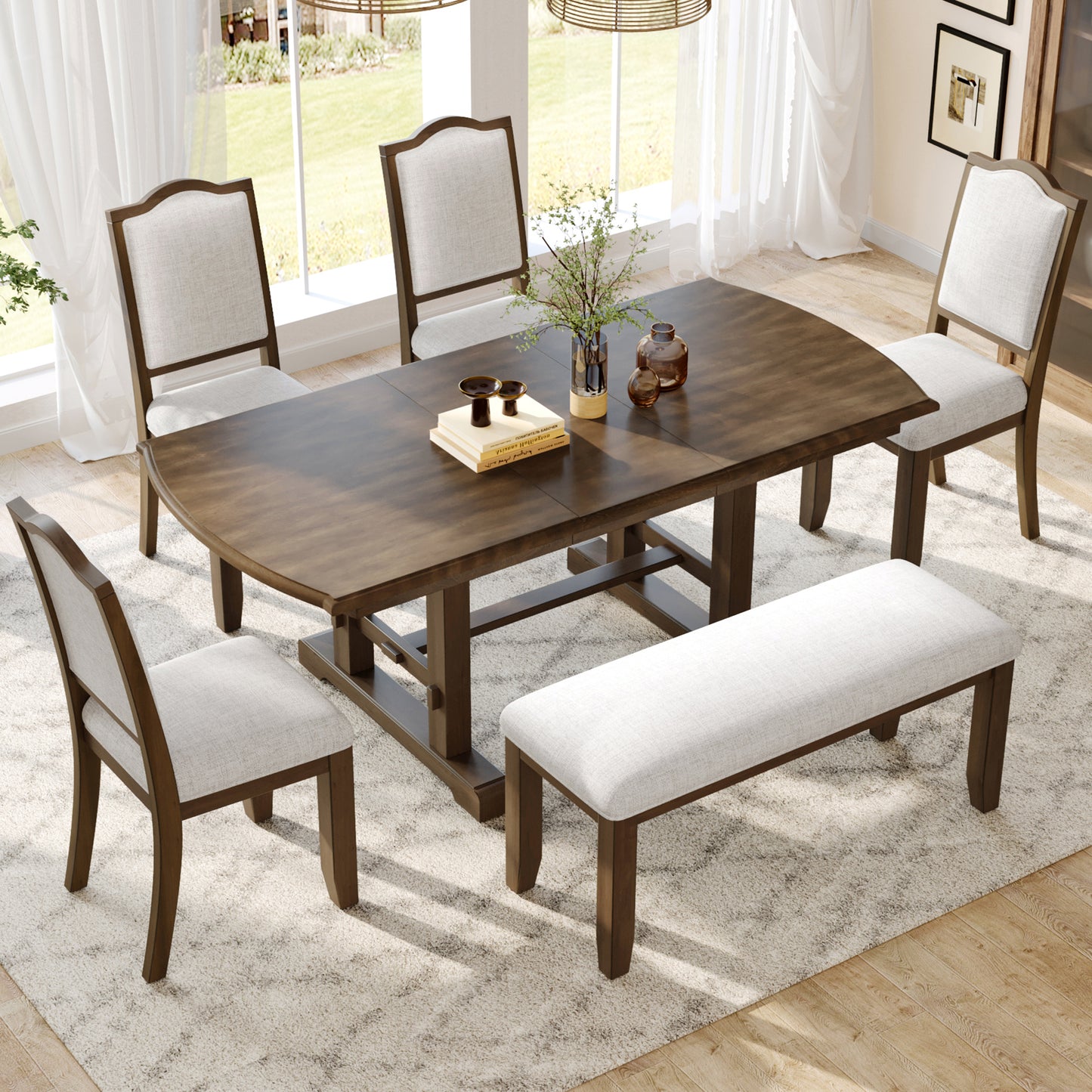 6-Piece Extendable Rubber Wood Dining Set with Linen Chairs and Bench