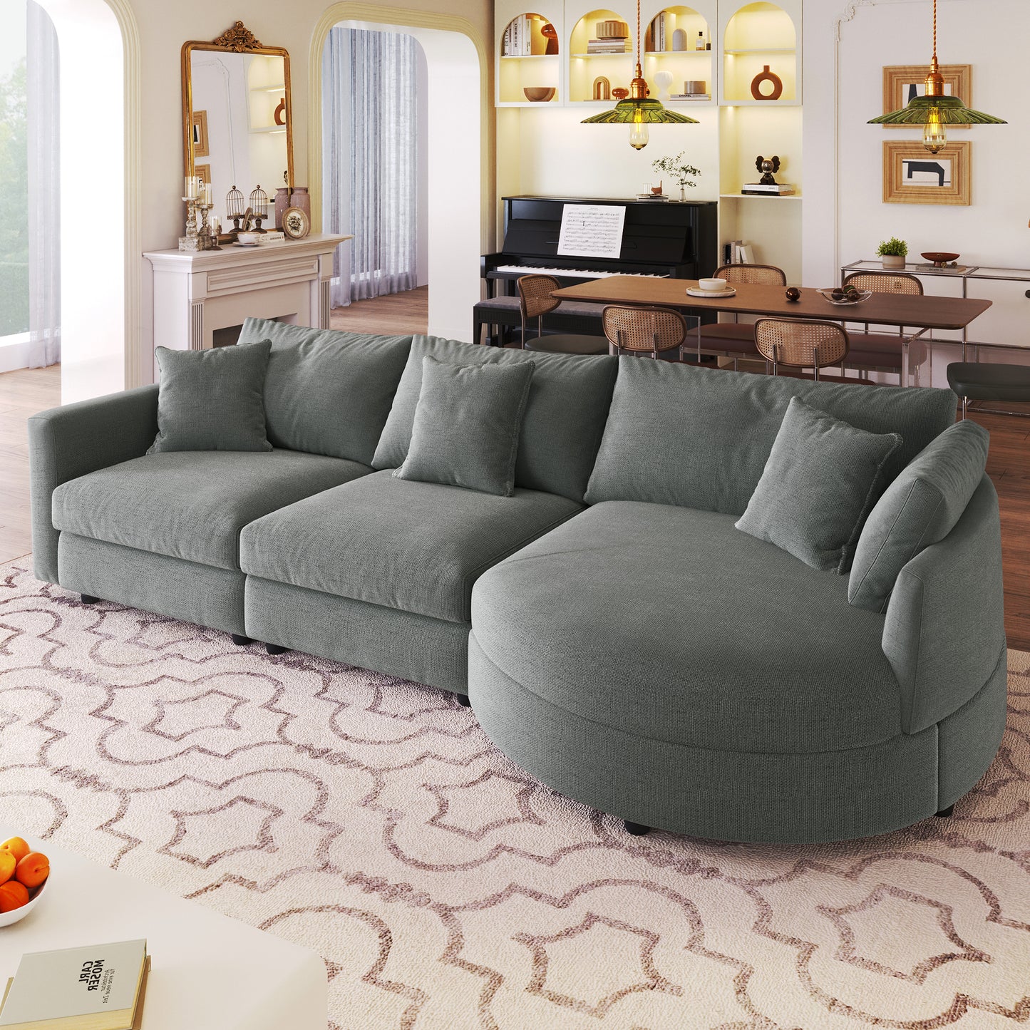 Modern 3-Seater Curved Chaise Sectional Sofa