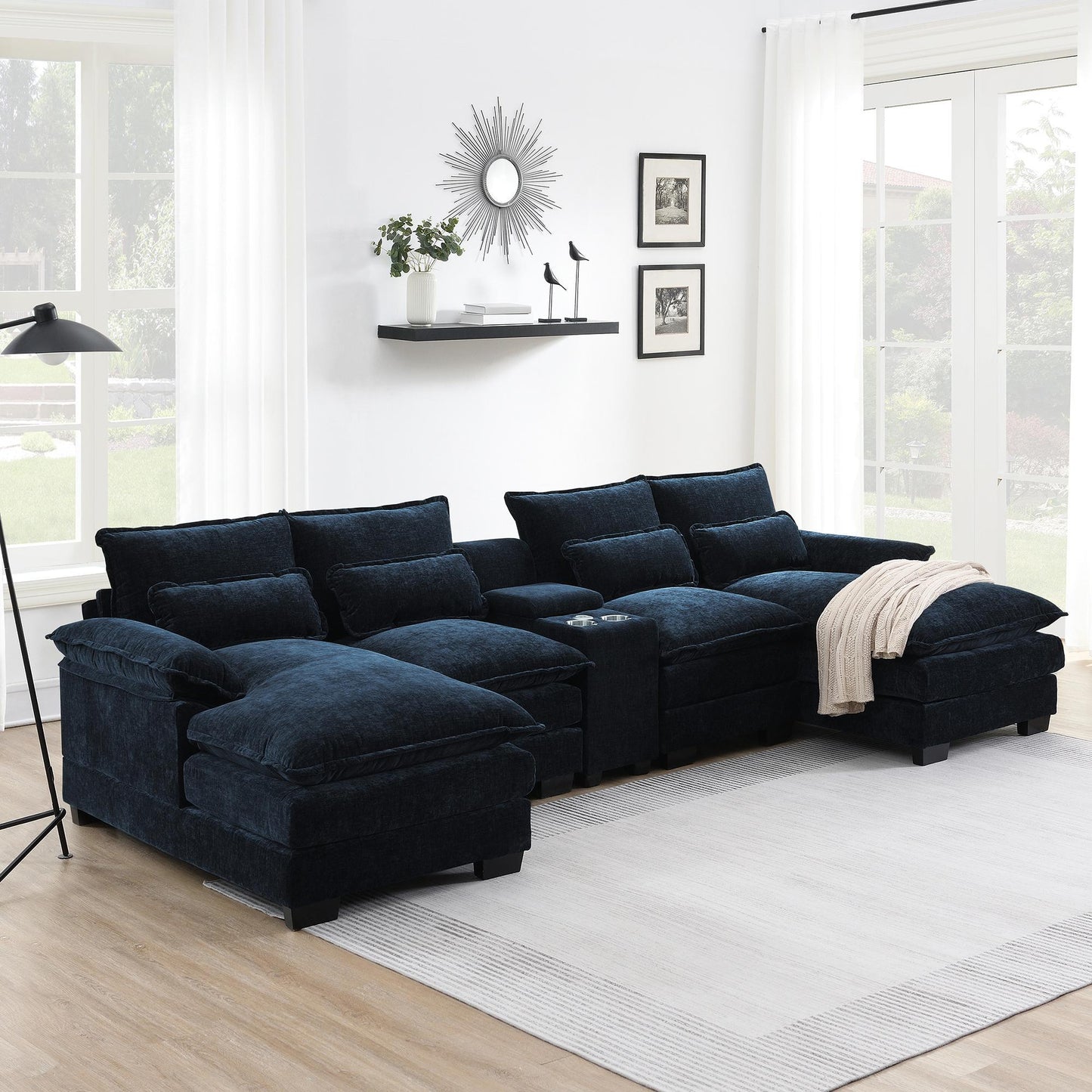 Modern Chenille U-Shaped Sectional Sofa with Double Chaise & Console