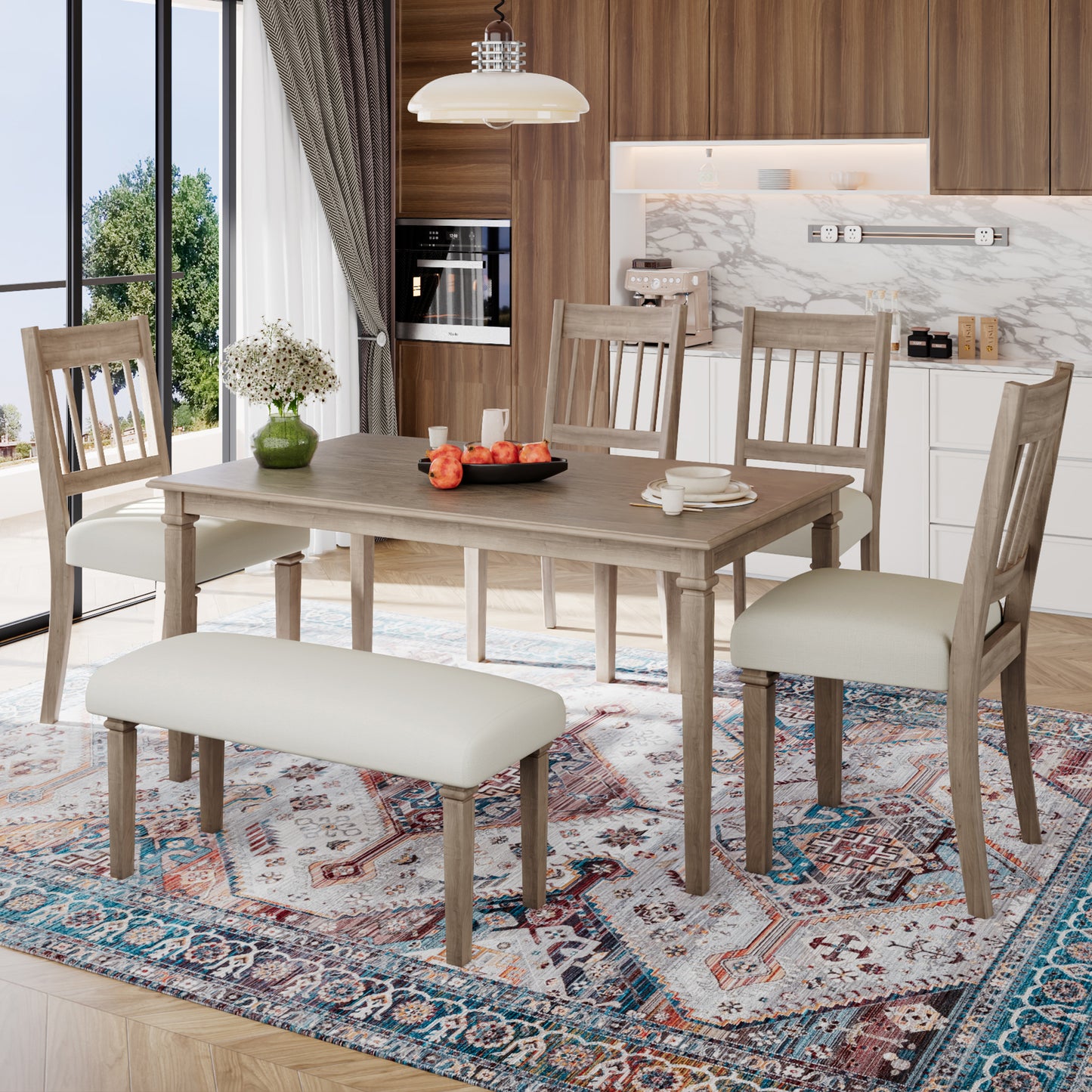 6-Piece Dining Set with Bench and Upholstered Chairs