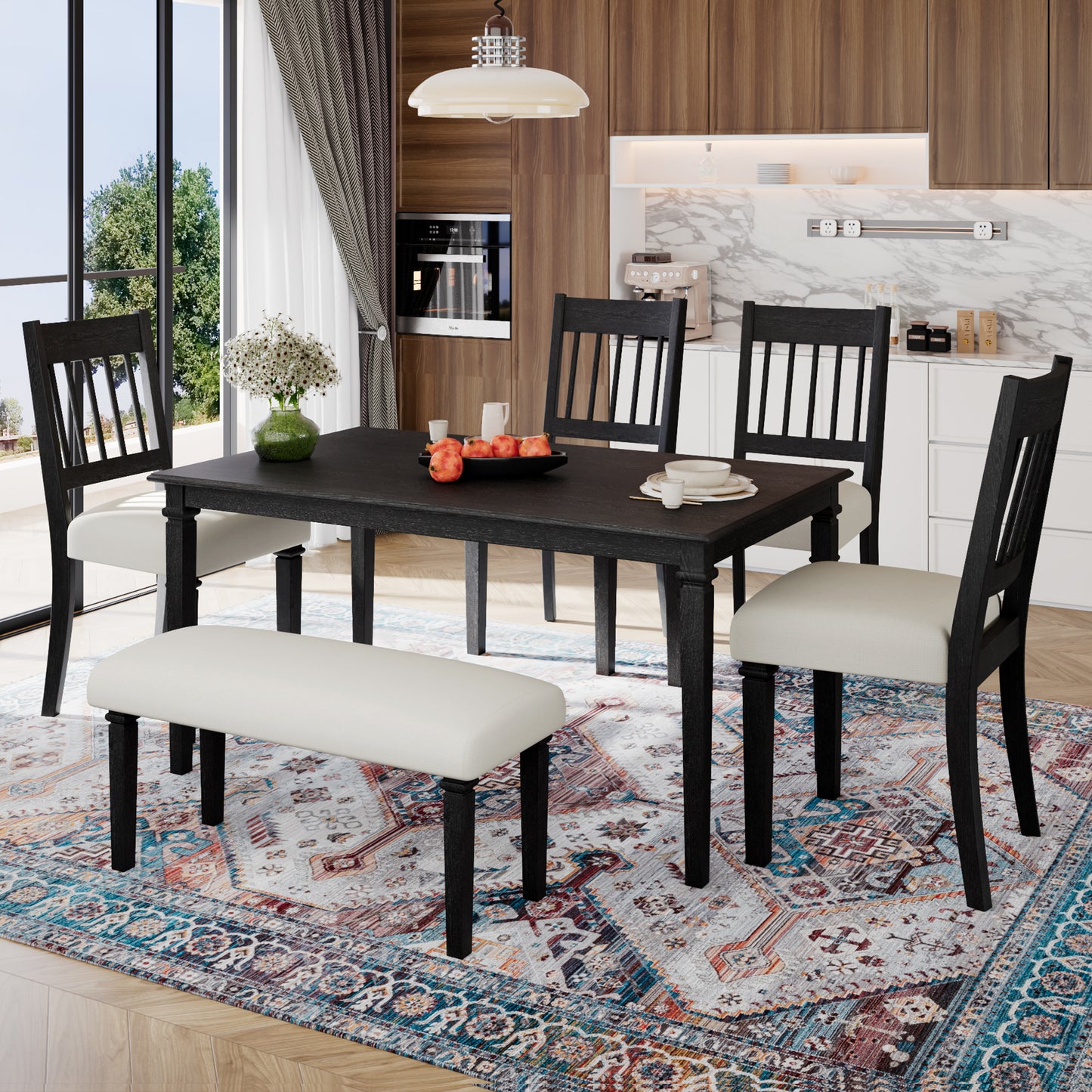 6-Piece Dining Set with Bench and Upholstered Chairs