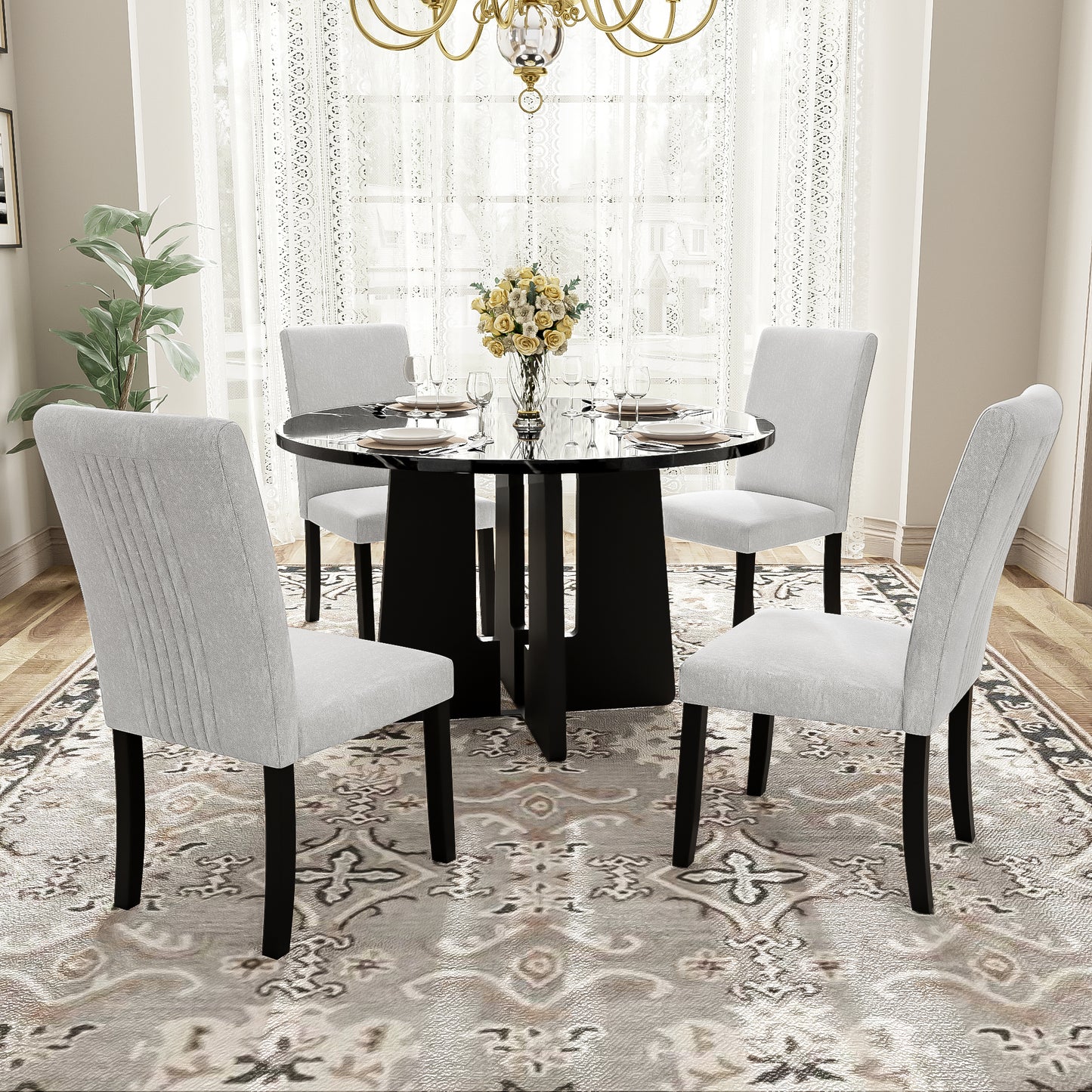 Modern 5-Piece Round Dining Table Set with Upholstered Chairs